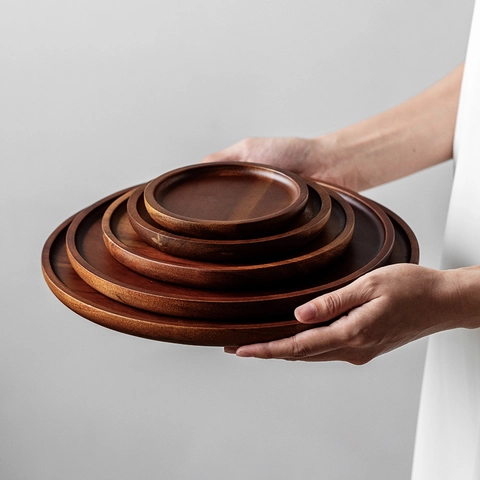 Round Wooden Serving Tray Solid Wood Natural Grain Japanese Style For Dessert Coffee Tea Fruit Home Cafe Decor
