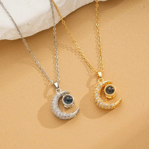 Collier De Projection Croissant De Lune Acier Inoxydable Cuivre Micro Pave Zircon Message Je T Aime Bijoux Femme