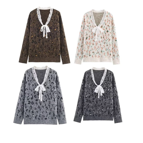 Jersey De Punto De Leopardo Para Mujer Cuello En V Borde De Encaje Blanco Lazo Manga Larga Elegante Vintage
