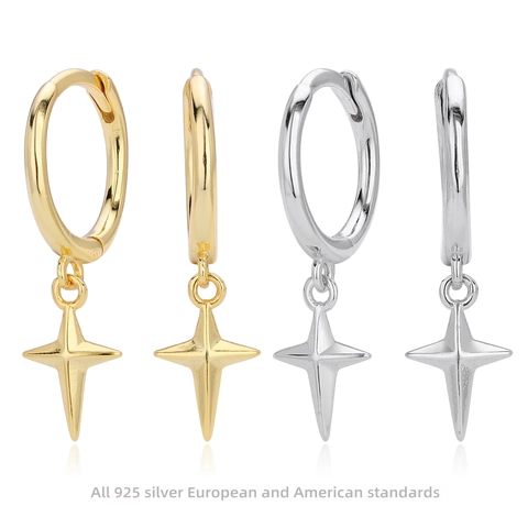 Orecchini a Cerchio Minimalisti in Argento Sterling 925 con Pendente a Stella a Quattro Punte Argento Vero Placcato Oro Orecchini Pendenti Stella del Nord Gioielli Donna