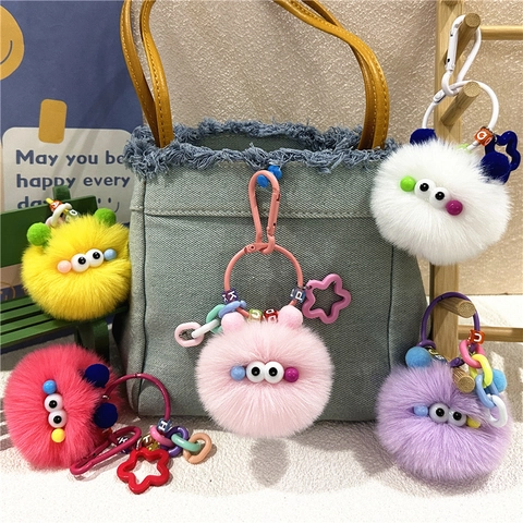 Süßer Plüsch Monster Schlüsselanhänger Hässlich Niedlicher Rußball Kunstfell Rucksack Anhänger Mit Perlen Stern Haken Geschenk