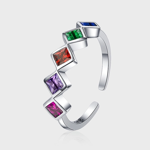 925 Sterling Silver Ring Colorful Square Cubic Zirconia Rainbow Adjustable Open Band Minimalist Jewelry For Women