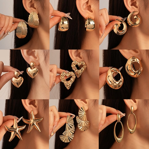 Geometric Stud Drop Earrings Alloy Metallic Heart Starfish Spiral Wave Design With Silver Earring Post For Women