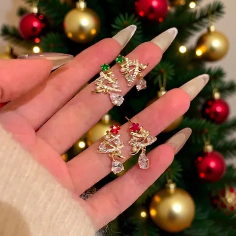 Christmas Tree Dangle Earrings With 925 Sterling Silver Earring Post Alloy Rhinestone Artificial Pearl Teardrop Zircon Holiday Women