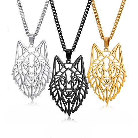 Geometric Wolf Head Pendant Necklace Hollow Out 304 Stainless Steel Curb Box Chain Hip Hop Punk Animal Jewelry For Men