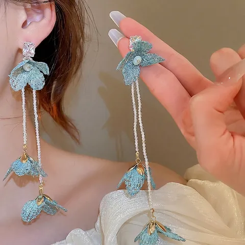 Lange Quastenohrringe Mit Spitzenblumen Mit Zirkon Und Silbernen Ohrsteckern Himmelblau Elegante Feenohrringe Damen