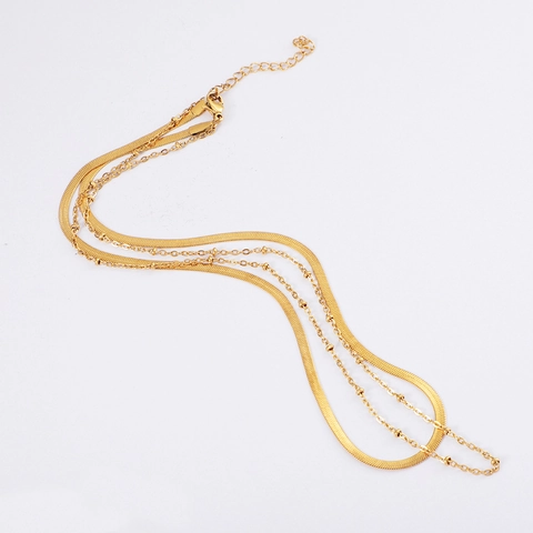 Double Layer Necklace 18K Gold Plated 304 Stainless Steel Flat Snake Bone And Satellite Bead Chain Jewelry For Women