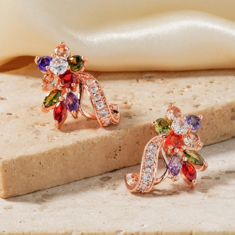 Vintage Copper Rhinestone Flower Stud Earrings For Women Multi Color Inlaid Floral Fashion High Sense Commuter Jewelry Earring Gift