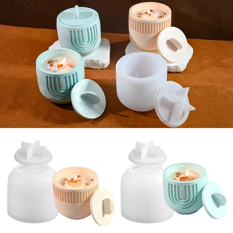 Storage Jar Silicone Mold U-Shape Stripe Relief DIY Candle Cup Holder With Lid Plaster Resin Concrete Craft Casting Tool