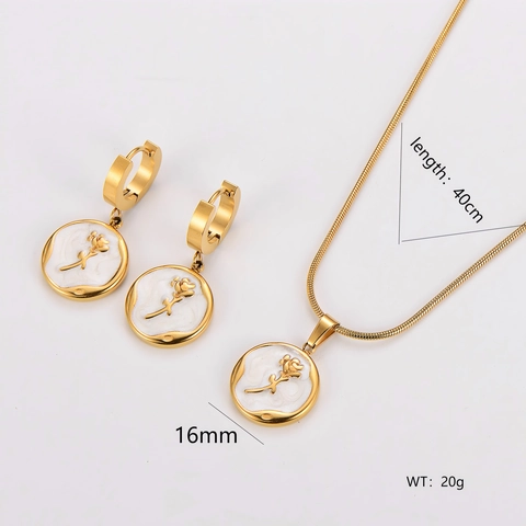 Joyas De Acero Inoxidable Con Flor De Rosa Collar Y Pendientes Bañado En Oro Redondo Esmalte Concha Elegante Cadena De Serpiente Mujer