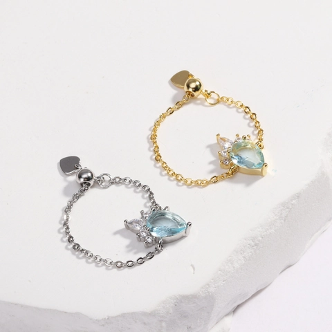 Elegante Anello A Catena Da Donna Rame Placcato Oro 18K Zircone Blu Regolabile Gioielli Di Design