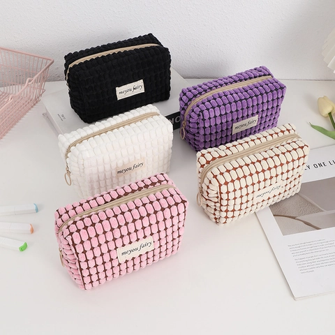 Waffle Texture Polyester Pencil Case Portable Makeup Bag Zipper Organizer Kawaii Korean Style Desktop Storage For Students