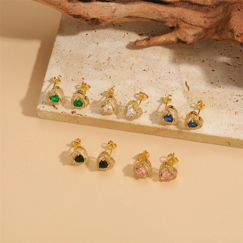 Heart Stud Earrings 14K Gold Plated Copper Colorful Cubic Zirconia Small Minimalist French Style Women