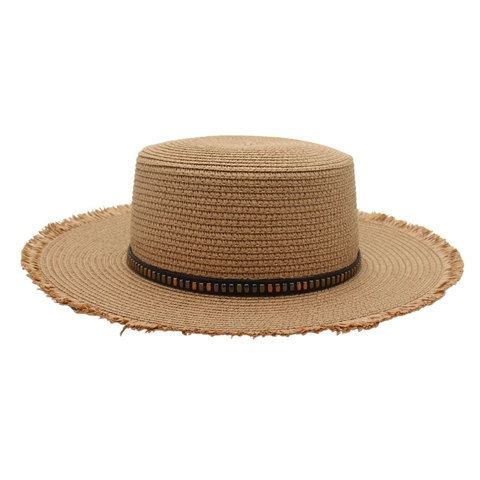 Boater Straw Hat Flat Top Wide Brim Frayed Edge Beaded Band Sunshade Summer Beach Vacation For Women