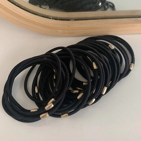 Durable High Elasticity Black Hair Ties With Gold Metal Bead Minimalist Korean Style Women Fashion Hair Styling Accessories