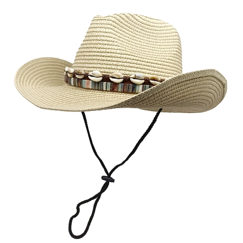 Western Straw Cowboy Hat With Shell Ethnic Band Sun Protection Breathable Summer Beach Sun Hat For Men Women Adjustable