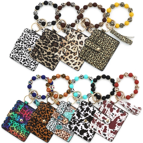 Card Holder Keychain With Silicone Bead Wristlet Bracelet Tassel PU Leather Leopard Cow Print For Women