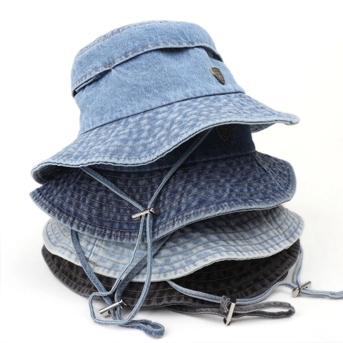 Bucket Hat Denim Baumwolle Breite Krempe Verstellbares Winddichtes Seil Atmungsaktives Mesh Retro Lässiger Sonnenhut