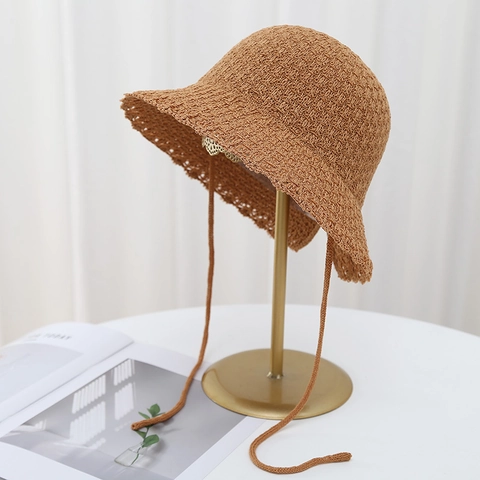 Women Knitted Bucket Hat With Lace-up Bow Wavy Lace Edge Hollow Out Sunshade Breathable Summer Beach Sun Hat