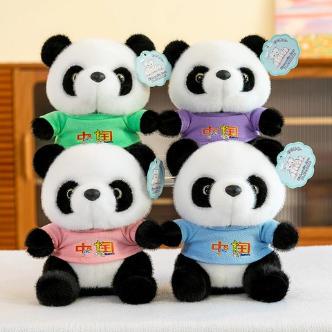 Cute Panda Plush Toy Wearing China Printed T-Shirt Soft Short Plush Panda Doll Souvenir Gift For Kids Adults Home Decor