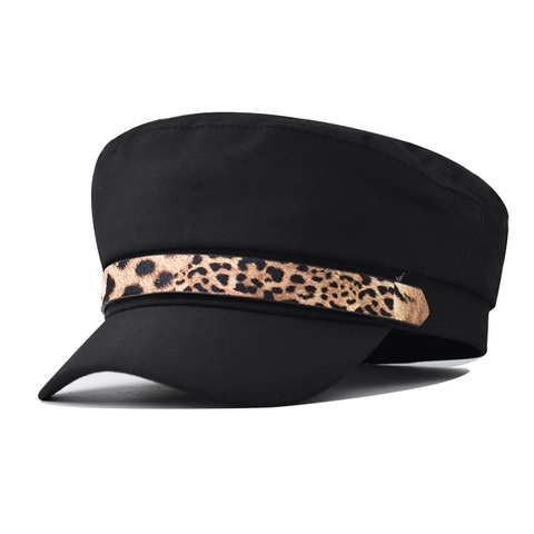 Women Leopard Print Strap Fiddler Cap Cotton Canvas Retro Baker Boy Hat Vintage Navy Style Newsboy Flat Top Accessory