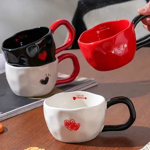 Ceramic Mug Heart Shaped Love Pattern Irregular Texture Romantic Coffee Water Cup With Handle Couple Anniversary Gift