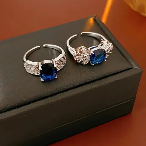Verstellbarer Offener Ring Kupfer Zirkonia Blauer Edelstein Geometrisch Blatt Luxus Modeschmuck Damen