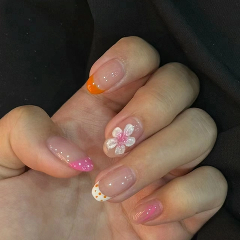 Press On Nails French Perzikbloesem ABS Plastic 3D Floraal Doodskist Valse Nagels Afneembaar Herbruikbaar Voor Vrouwen
