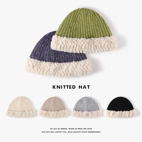 Cappello Alla Pescatora In Maglia Da Donna Inverno Caldo Spesso Bordo In Ecopelliccia Di Coniglio Moda