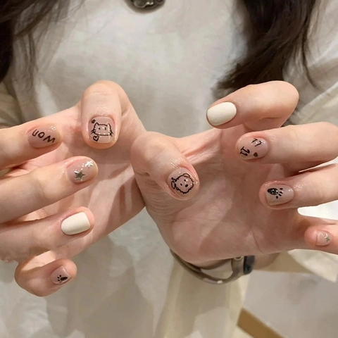 Uñas Postizas A Presión Brillante Nude Rosa Blanco Dibujos Animados Animal Gato Perro Pata Patrón Corto Cuadrado Redondo Lindo Minimalista Para Mujeres