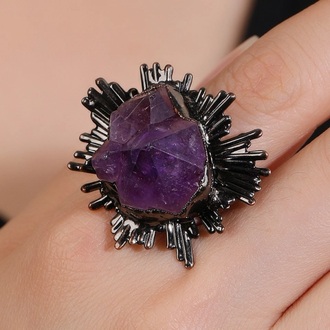 Vintage Natural Amethyst Ring Purple Crystal Copper Sunburst Setting Adjustable Open Band Gothic Bohemian Jewelry Women