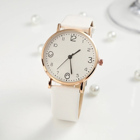 Women Quartz Watch Minimalist Fashion Wristwatch With Large Arabic Numerals Alloy Case Faux Leather Strap For Students