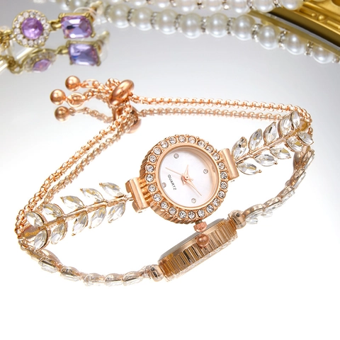 Women Bracelet Watch Round Rhinestone Alloy Adjustable Slider Clasp Leaf Design Elegant Luxury Quartz Wristwatch