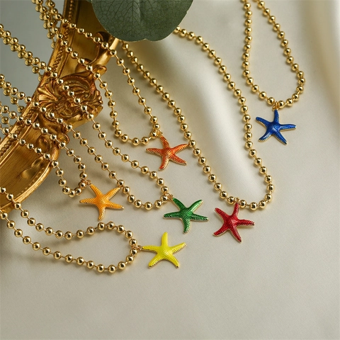 Starfish Pendant Necklace Copper Gold Plated Enamel Round Bead Chain Summer Beach Ocean Style Colorful Jewelry For Women