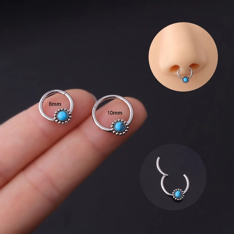 Turquoise Edelstahl Nasenring Scharnier Segment Hoop Piercing Schmuck Vintage Perlen Nahtlose Clicker Für Damen Herren