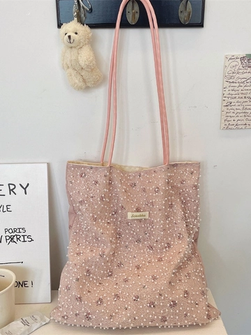 Borsa Tote In Pizzo Con Künstliche Perle Stampa Floreale Grande Capacità Borsa A Spalla Stile Dolce Romantico Per Donne