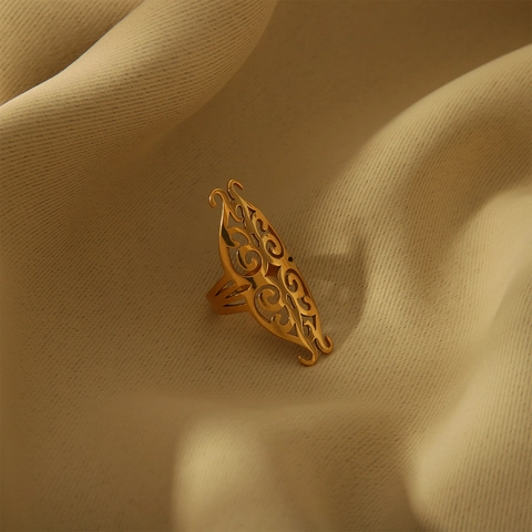 Vintage Hollow Out Geometric Stainless Steel Open Ring For Women 18K Gold Plated Niche Design Filigree Adjustable Finger Ring Jewelry Gift