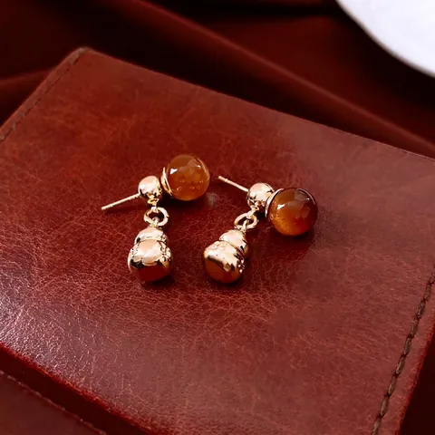 Vintage Gourd Dangle Earrings With Amber Acrylic Bead Copper Metal And Silver Earring Post Retro Jewelry For Women