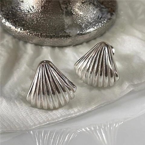 925 Sterling Silber Muschel Ohrstecker Minimalistische Gerippte Textur Jakobsmuschel Schmuck Für Damen Koreanischer Stil