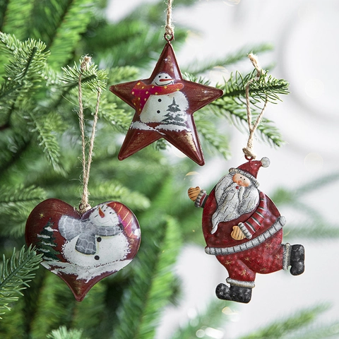 Ornamenti Appesi Per Albero Di Natale In Ferro Dipinto Retrò Con Corda Di Juta Vintage Babbo Natale Pupazzo Di Neve Stella Cuore