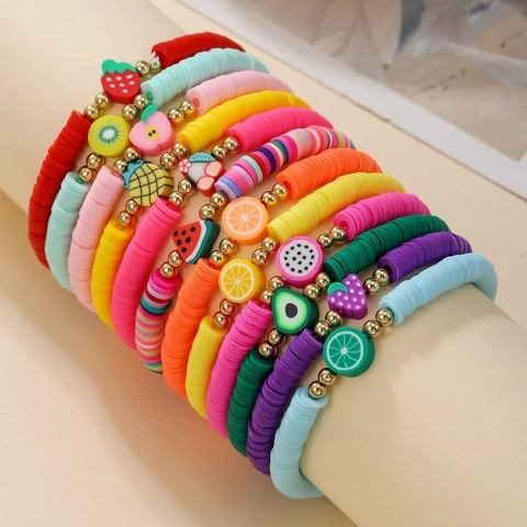 Bracelets Colorés En Argile Polymère Fruits Style Bohème Perles Heishi Élastiques Bijoux Pour Femmes Breloques Papillon