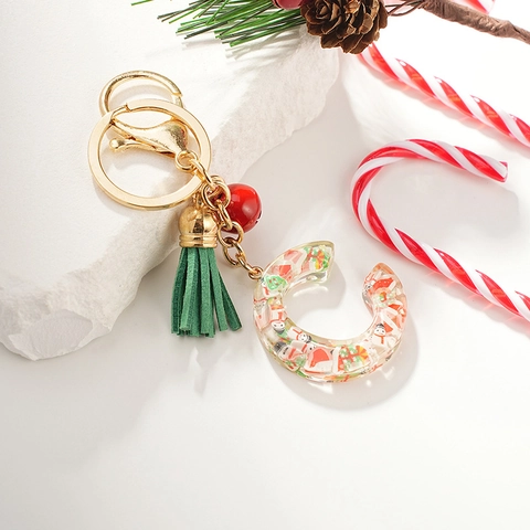 Christmas Initial Resin Keychain With Green Tassel Red Bell Transparent Alphabet Pendant Gold Plated Holiday Gift Bag Decor