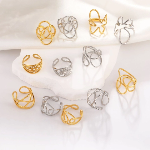 Anello in Acciaio Inossidabile Vintage Francese Geometrico Irregolare Aperto Regolabile Placcato Oro 18k Strass Gioielli Unisex