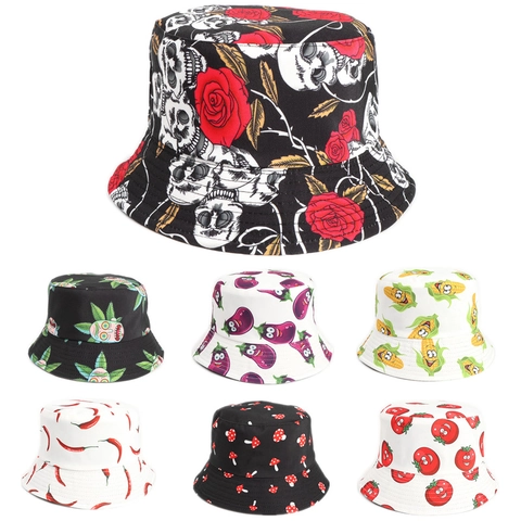 Reversible Bucket Hat With Cartoon Vegetable Prints Double Sided Sun Protection Cotton Polyester Outdoor Fashion Cap