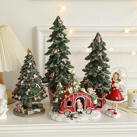 Weihnachtsdekoration Harz Mini Weihnachtsbaum Weihnachtsmann Engel Figuren LED Licht Tischdeko Feiertag Geschenk