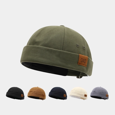 Bonnet Docker en Toile Rétro Homme Sans Bord Réglable Casquette Landlord Avec Patch en Cuir DAD Street Hip Hop Chapeau Couleur Unie
