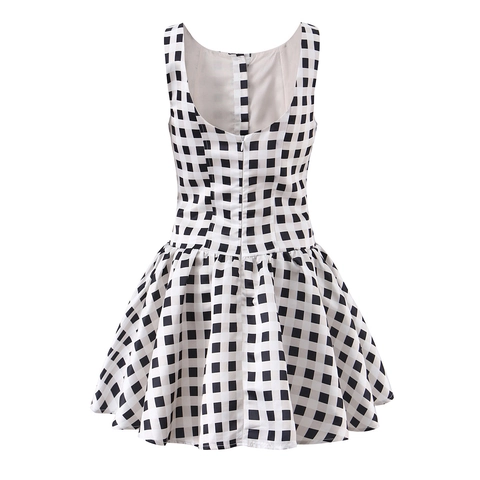 Sleeveless Plaid Mini Dress Round Neck Button Front High Waist A-Line Polyester Satin Sweet Lolita Style For Women