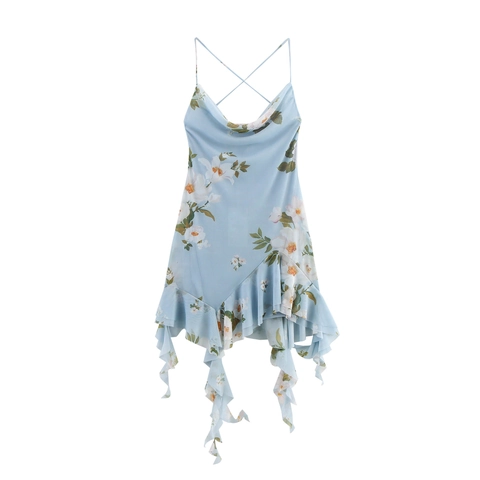 Damen Blumen Mesh Mini Kleid Wasserfall Ausschnitt Rückenfrei Kreuzgurte Rüschensaum Hellblau Sexy Sommer Urlaub Ärmellos