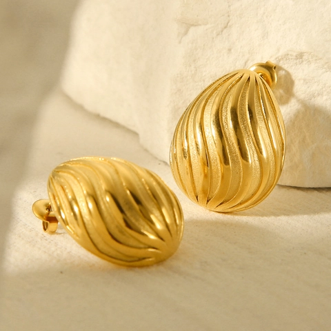 Pendientes Gota Agua Acero Inoxidable Chapado Oro 18K Patrón Espiral Texturizado Moda Estilo Ins Joyería Elegante Mujer
