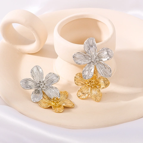 Französische Retro Blumen Ohrhänger 18K Vergoldet Edelstahl Zweifarbig Doppel Blume Ohrringe Für Frauen Vintage